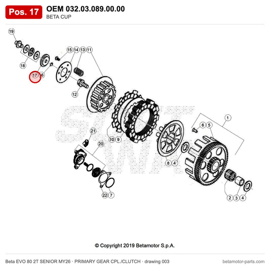 BETA CUP – OEM 032.03.089.00.00, position 17 on the Beta EVO 80 2T SENIOR MY26 primary gear cpl./clutch drawing