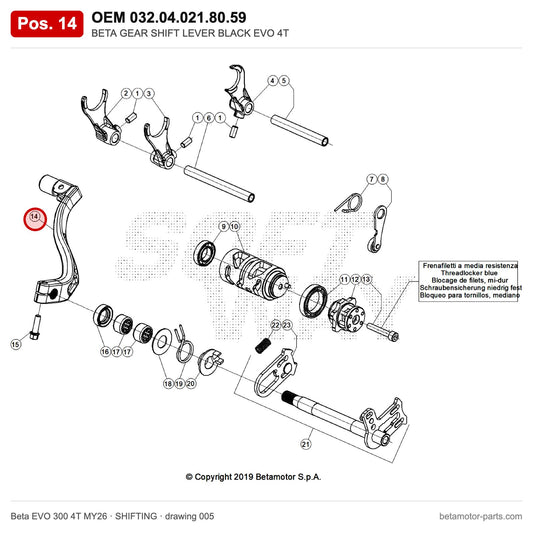 BETA GEAR SHIFT LEVER BLACK EVO 4T – OEM 032.04.021.80.59, position 14 on the Beta EVO 300 4T MY26 shifting drawing