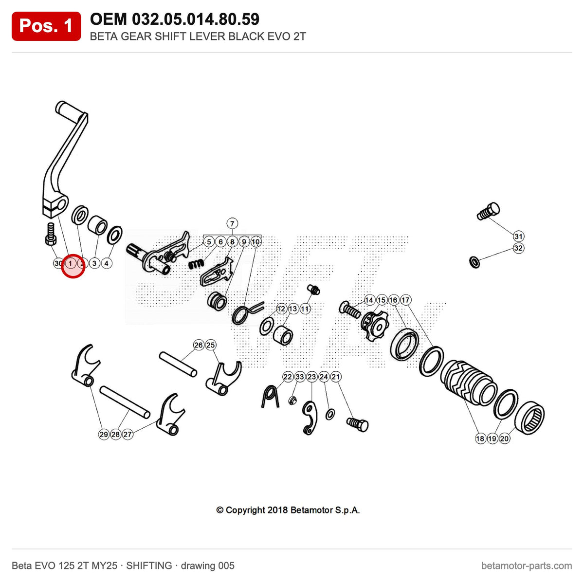 BETA GEAR SHIFT LEVER BLACK EVO 2T – OEM 032.05.014.80.59, position 1 on the Beta EVO 125 2T MY25 shifting drawing