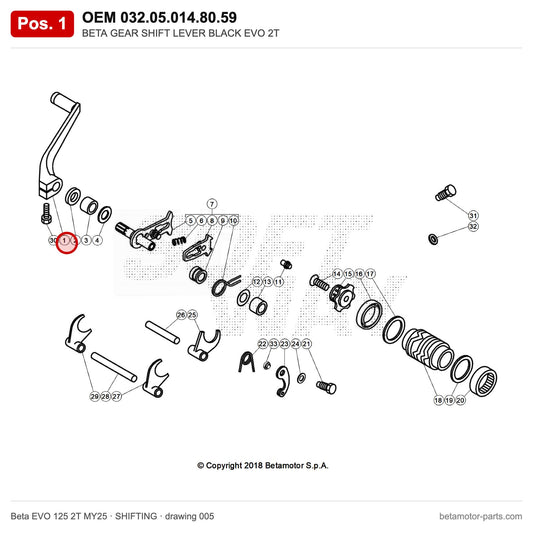 BETA GEAR SHIFT LEVER BLACK EVO 2T – OEM 032.05.014.80.59, position 1 on the Beta EVO 125 2T MY25 shifting drawing