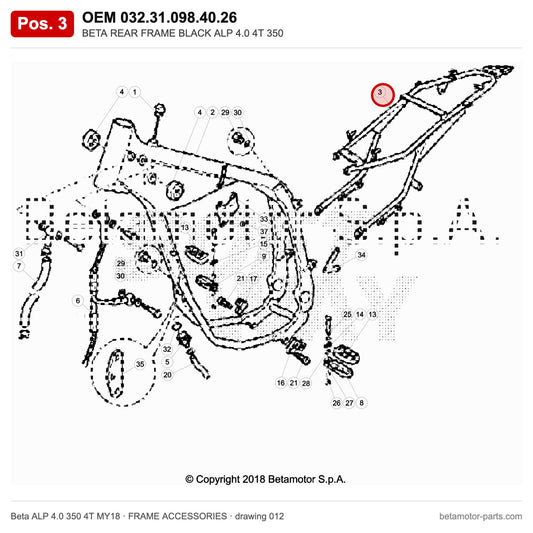 BETA REAR FRAME BLACK ALP 4.0 4T 350 – OEM 032.31.098.40.26, position 3 on the Beta ALP 4.0 350 4T MY18 frame accessories drawing