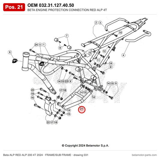 BETA ENGINE PROTECTION CONNECTION RED ALP 4T – OEM 032.31.127.40.50, position 21 on the Beta ALP RED ALP 200 4T 2024 frame/sub frame drawing