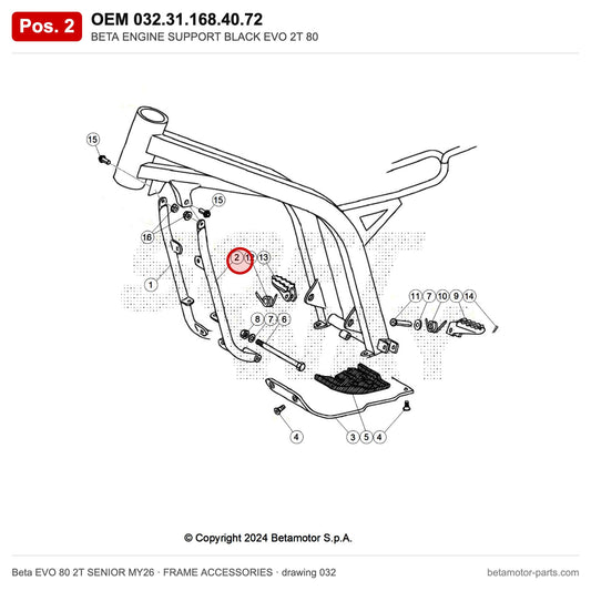BETA ENGINE SUPPORT BLACK EVO 2T 80 – OEM 032.31.168.40.72, position 2 on the Beta EVO 80 2T SENIOR MY26 frame accessories drawing