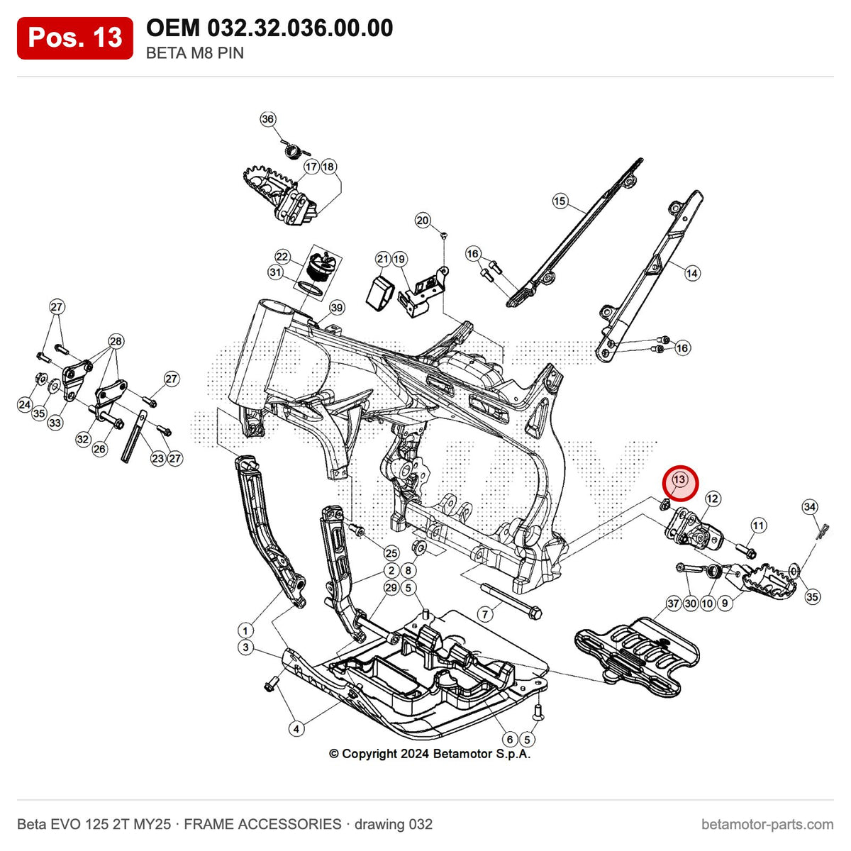 BETA M8 PIN – OEM 032.32.036.00.00, position 13 on the Beta EVO 125 2T MY25 frame accessories drawing