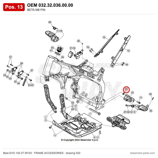 BETA M8 PIN – OEM 032.32.036.00.00, position 13 on the Beta EVO 125 2T MY25 frame accessories drawing