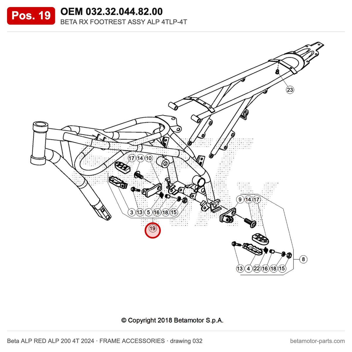BETA RX FOOTREST ASSY ALP 4TLP-4T – OEM 032.32.044.82.00, position 19 on the Beta ALP RED ALP 200 4T 2024 frame accessories drawing