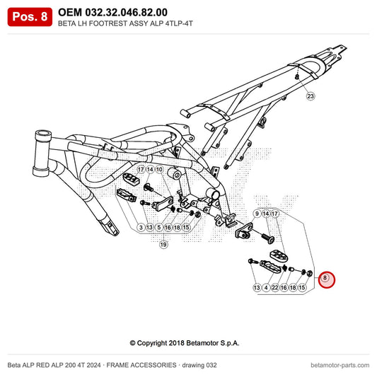 BETA LH FOOTREST ASSY ALP 4TLP-4T – OEM 032.32.046.82.00, position 8 on the Beta ALP RED ALP 200 4T 2024 frame accessories drawing