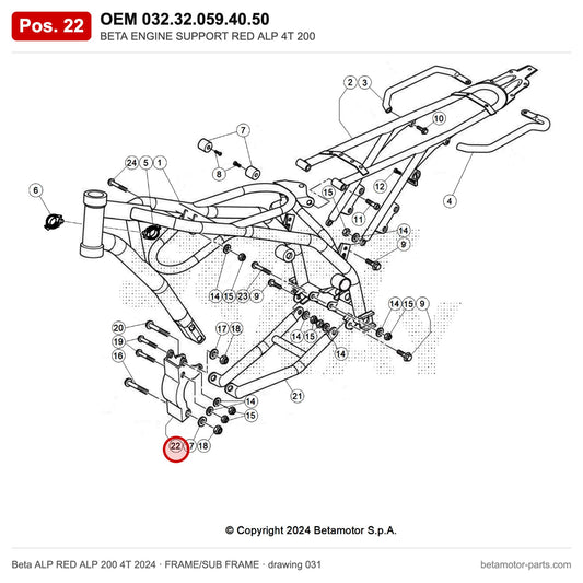 BETA ENGINE SUPPORT RED ALP 4T 200 – OEM 032.32.059.40.50, position 22 on the Beta ALP RED ALP 200 4T 2024 frame/sub frame drawing