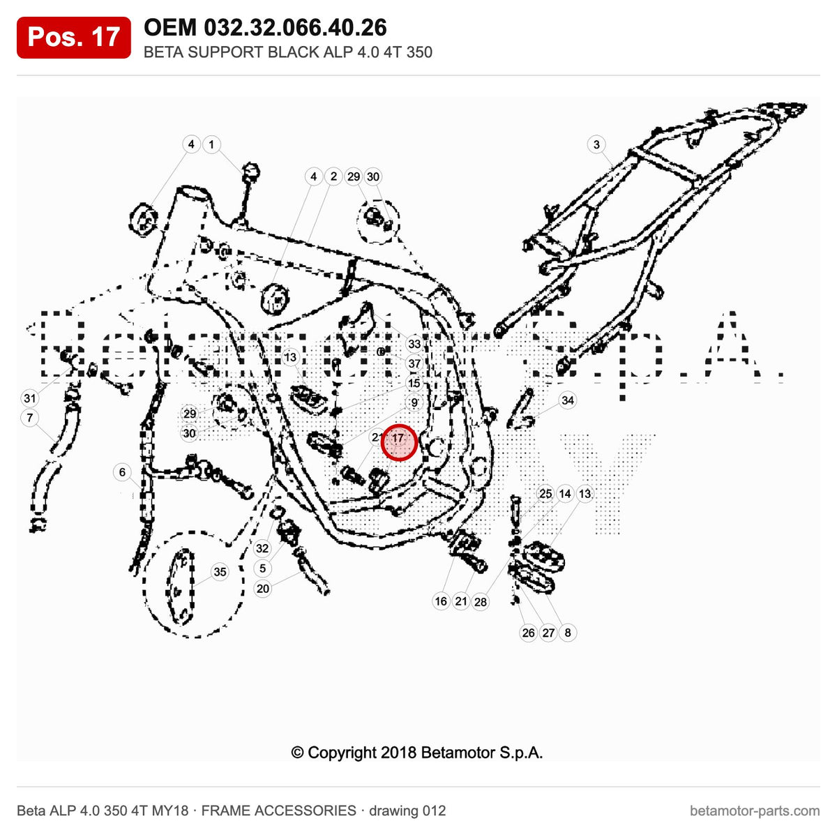 BETA SUPPORT BLACK ALP 4.0 4T 350 – OEM 032.32.066.40.26, position 17 on the Beta ALP 4.0 350 4T MY18 frame accessories drawing