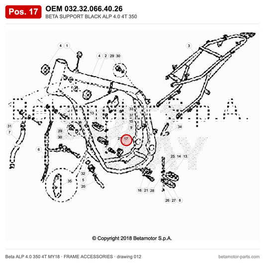 BETA SUPPORT BLACK ALP 4.0 4T 350 – OEM 032.32.066.40.26, position 17 on the Beta ALP 4.0 350 4T MY18 frame accessories drawing