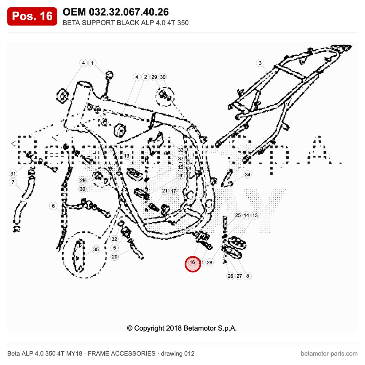 BETA SUPPORT BLACK ALP 4.0 4T 350 – OEM 032.32.067.40.26, position 16 on the Beta ALP 4.0 350 4T MY18 frame accessories drawing