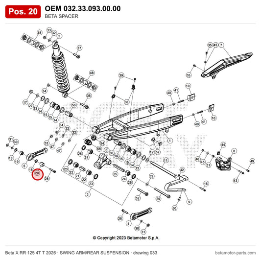 BETA SPACER – OEM 032.33.093.00.00, position 20 on the Beta X RR 125 4T T 2026 swing arm/rear suspension drawing