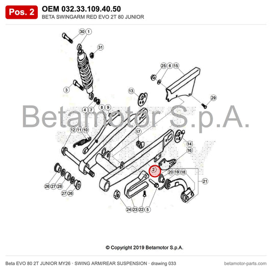 BETA SWINGARM RED EVO 2T 80 JUNIOR – OEM 032.33.109.40.50, position 2 on the Beta EVO 80 2T JUNIOR MY26 swing arm/rear suspension drawing