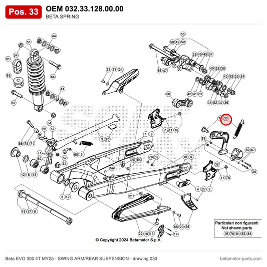 BETA SPRING – OEM 032.33.128.00.00, position 33 on the Beta EVO 300 4T MY25 swing arm/rear suspension drawing