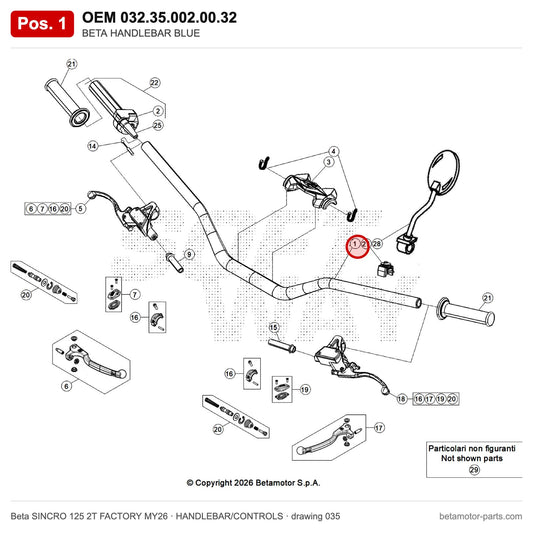 BETA HANDLEBAR BLUE – OEM 032.35.002.00.32, position 1 on the Beta SINCRO 125 2T FACTORY MY26 handlebar/controls drawing