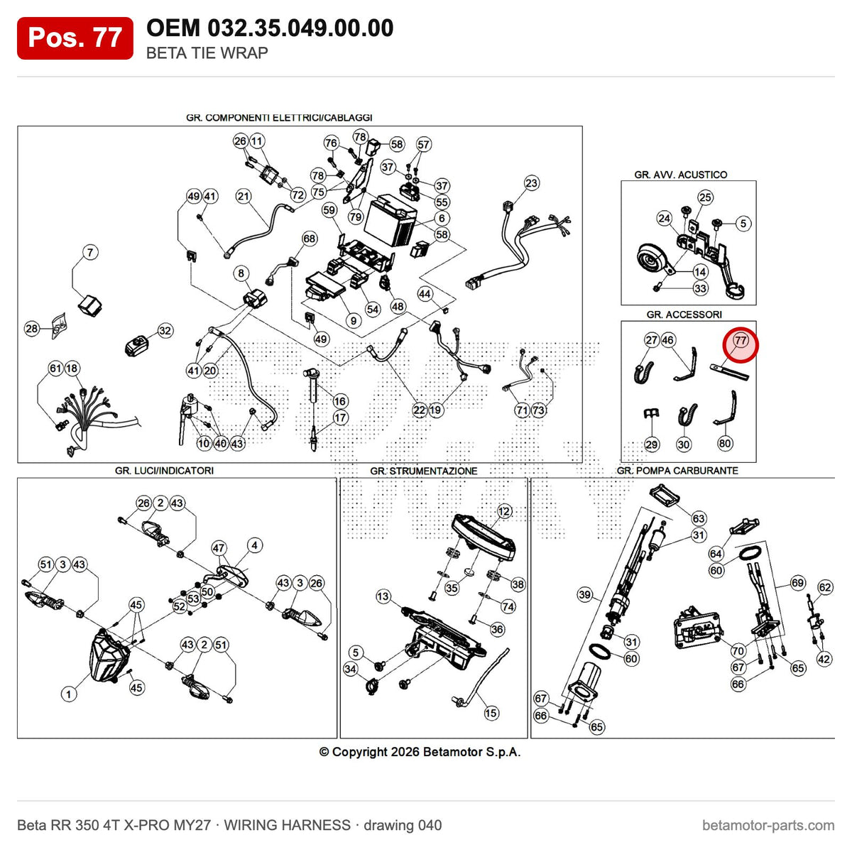 BETA TIE WRAP – OEM 032.35.049.00.00, position 77 on the Beta RR 350 4T X-PRO MY27 wiring harness drawing
