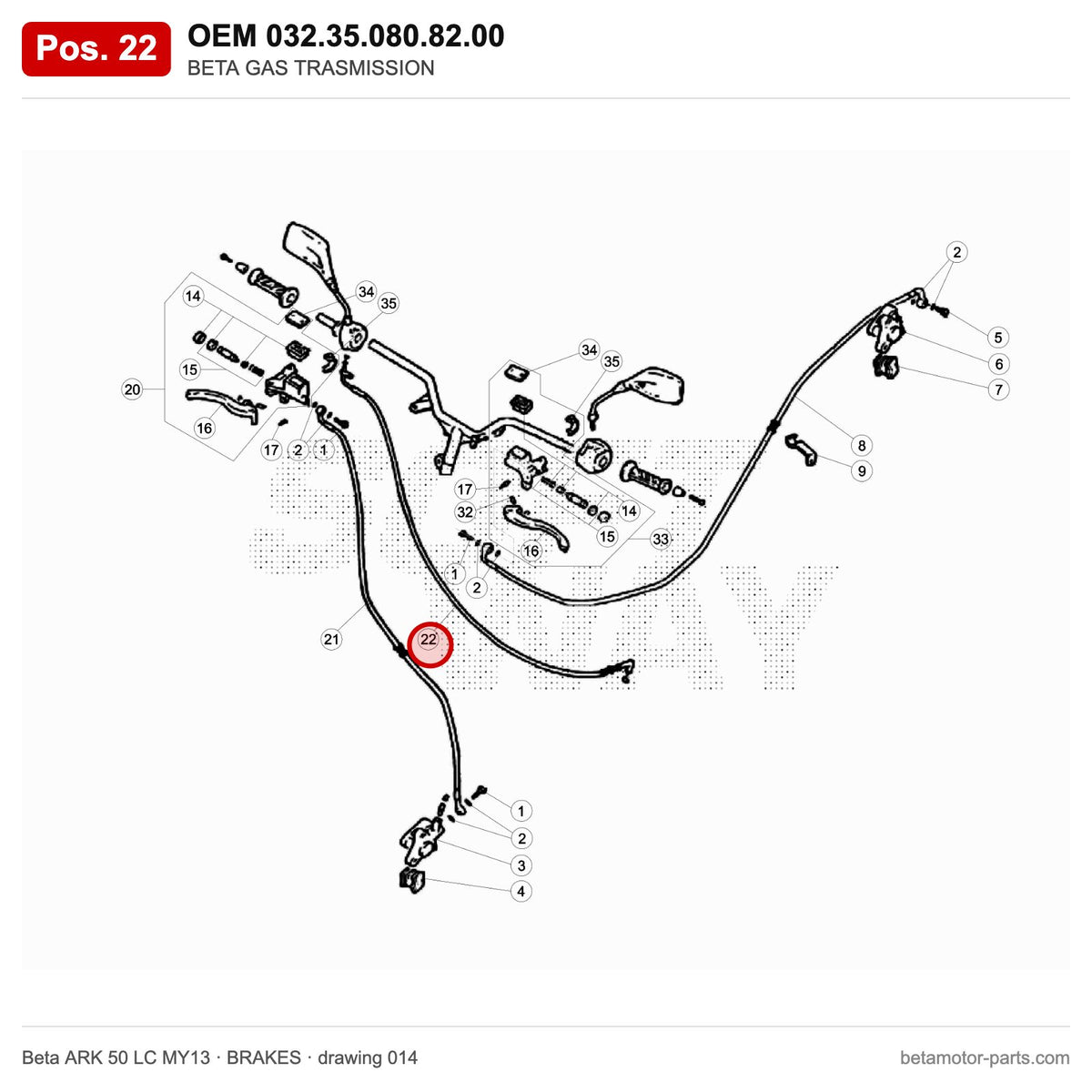 BETA GAS TRASMISSION – OEM 032.35.080.82.00, position 22 on the Beta ARK 50 LC MY13 brakes drawing