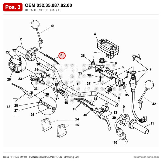BETA THROTTLE CABLE – OEM 032.35.087.82.00, position 3 on the Beta RR 125 MY10 handlebar/controls drawing