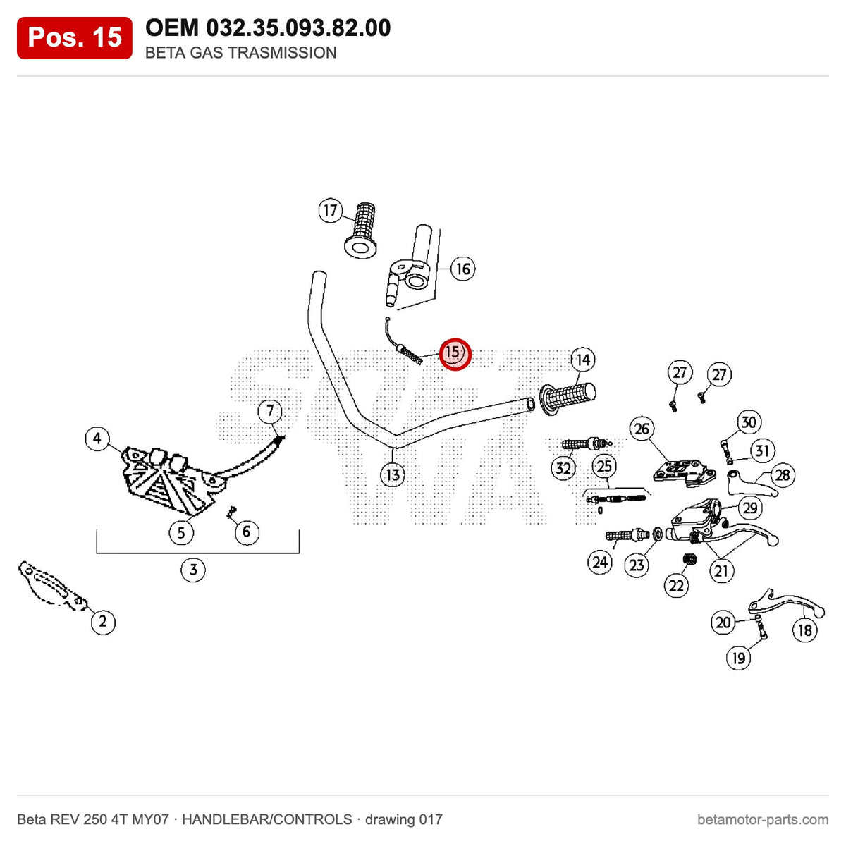 BETA GAS TRASMISSION – OEM 032.35.093.82.00, position 15 on the Beta REV 250 4T MY07 handlebar/controls drawing