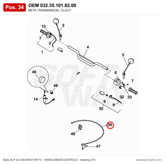 BETA TRASMISSION, CLUCT – OEM 032.35.101.82.00, position 34 on the Beta ALP 4.0 350 MY07-MY13 handlebar/controls drawing