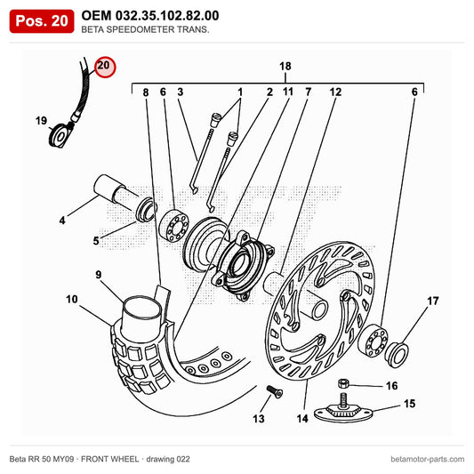 BETA SPEEDOMETER TRANS. – OEM 032.35.102.82.00, position 20 on the Beta RR 50 MY09 front wheel drawing