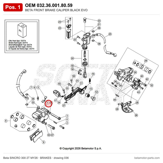 BETA FRONT BRAKE CALIPER BLACK EVO – OEM 032.36.001.80.59, position 1 on the Beta SINCRO 300 2T MY26 brakes drawing