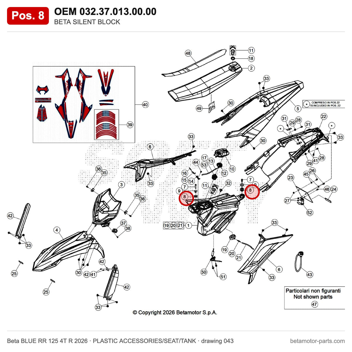 BETA SILENT BLOCK – OEM 032.37.013.00.00, position 8 on the Beta BLUE RR 125 4T R 2026 plastic accessories/seat/tank drawing