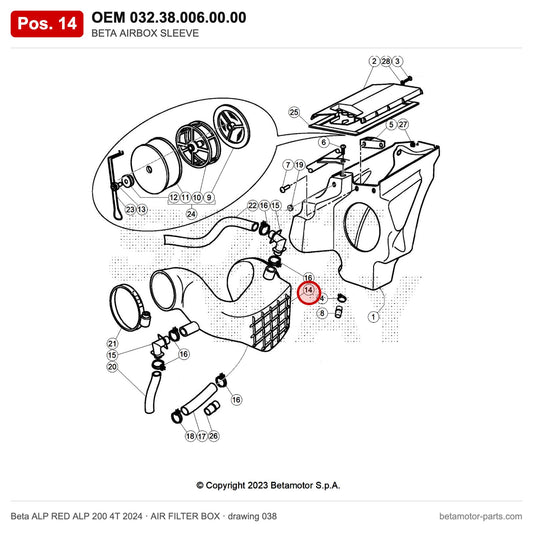 BETA AIRBOX SLEEVE – OEM 032.38.006.00.00, position 14 on the Beta ALP RED ALP 200 4T 2024 air filter box drawing