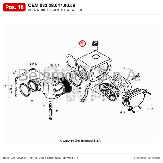 BETA AIRBOX BLACK ALP 4.0 4T 350 – OEM 032.38.047.00.59, position 18 on the Beta ALP 4.0 350 4T MY18 air filter box drawing