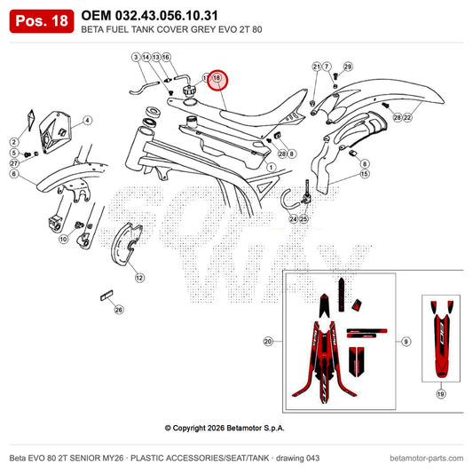 BETA FUEL TANK COVER GREY EVO 2T 80 – OEM 032.43.056.10.31, position 18 on the Beta EVO 80 2T SENIOR MY26 plastic accessories/seat/tank drawing