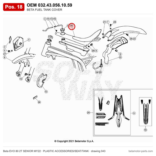 BETA FUEL TANK COVER BLACK EVO 2T 80 – OEM 032.43.056.10.59, position 18 on the Beta EVO 80 2T SENIOR MY22 plastic accessories/seat/tank drawing