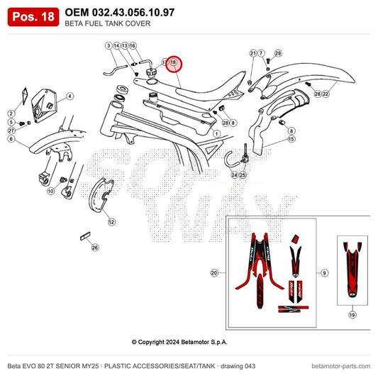 BETA FUEL TANK COVER GREY EVO 2T 80 – OEM 032.43.056.10.97, position 18 on the Beta EVO 80 2T SENIOR MY25 plastic accessories/seat/tank drawing
