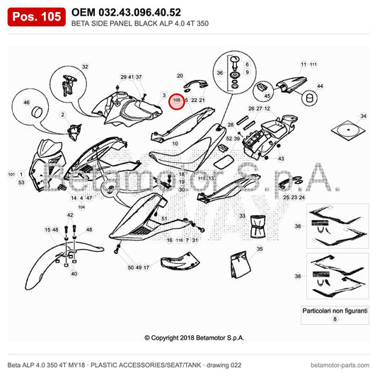 BETA SIDE PANEL BLACK ALP 4.0 4T 350 – OEM 032.43.096.40.52, position 105 on the Beta ALP 4.0 350 4T MY18 plastic accessories/seat/tank drawing