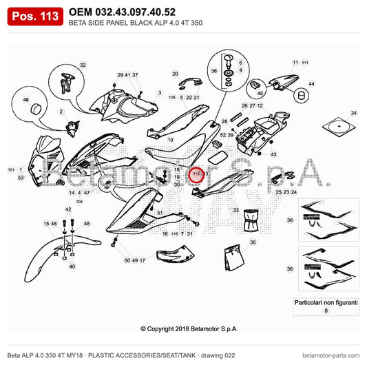 BETA SIDE PANEL BLACK ALP 4.0 4T 350 – OEM 032.43.097.40.52, position 113 on the Beta ALP 4.0 350 4T MY18 plastic accessories/seat/tank drawing
