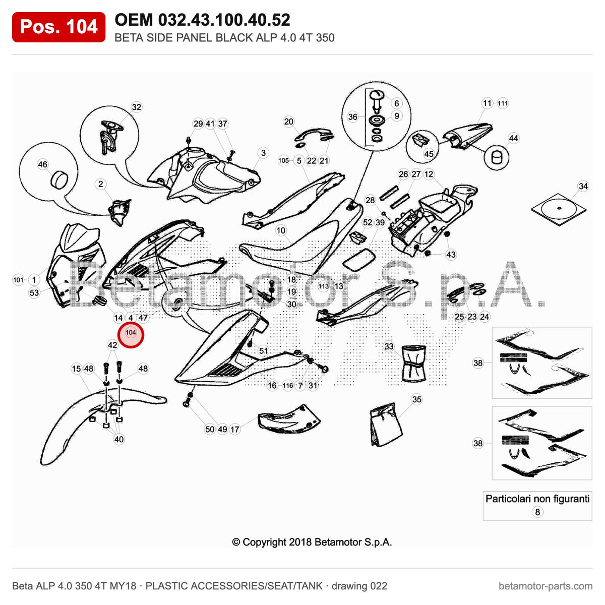 BETA SIDE PANEL BLACK ALP 4.0 4T 350 – OEM 032.43.100.40.52, position 104 on the Beta ALP 4.0 350 4T MY18 plastic accessories/seat/tank drawing