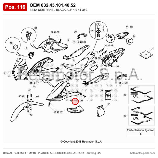 BETA SIDE PANEL BLACK ALP 4.0 4T 350 – OEM 032.43.101.40.52, position 116 on the Beta ALP 4.0 350 4T MY18 plastic accessories/seat/tank drawing
