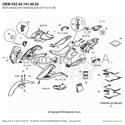 BETA HEADLIGHT MASK BLACK ALP 4.0 4T 350 – OEM 032.43.141.40.52, shown on the Beta ALP 4.0 350 4T MY18 plastic accessories/seat/tank drawing