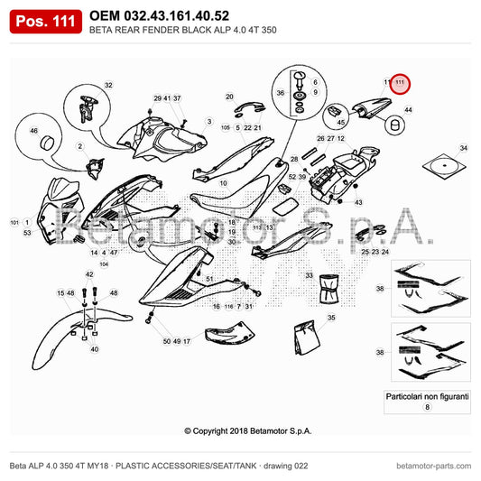 BETA REAR FENDER BLACK ALP 4.0 4T 350 – OEM 032.43.161.40.52, position 111 on the Beta ALP 4.0 350 4T MY18 plastic accessories/seat/tank drawing
