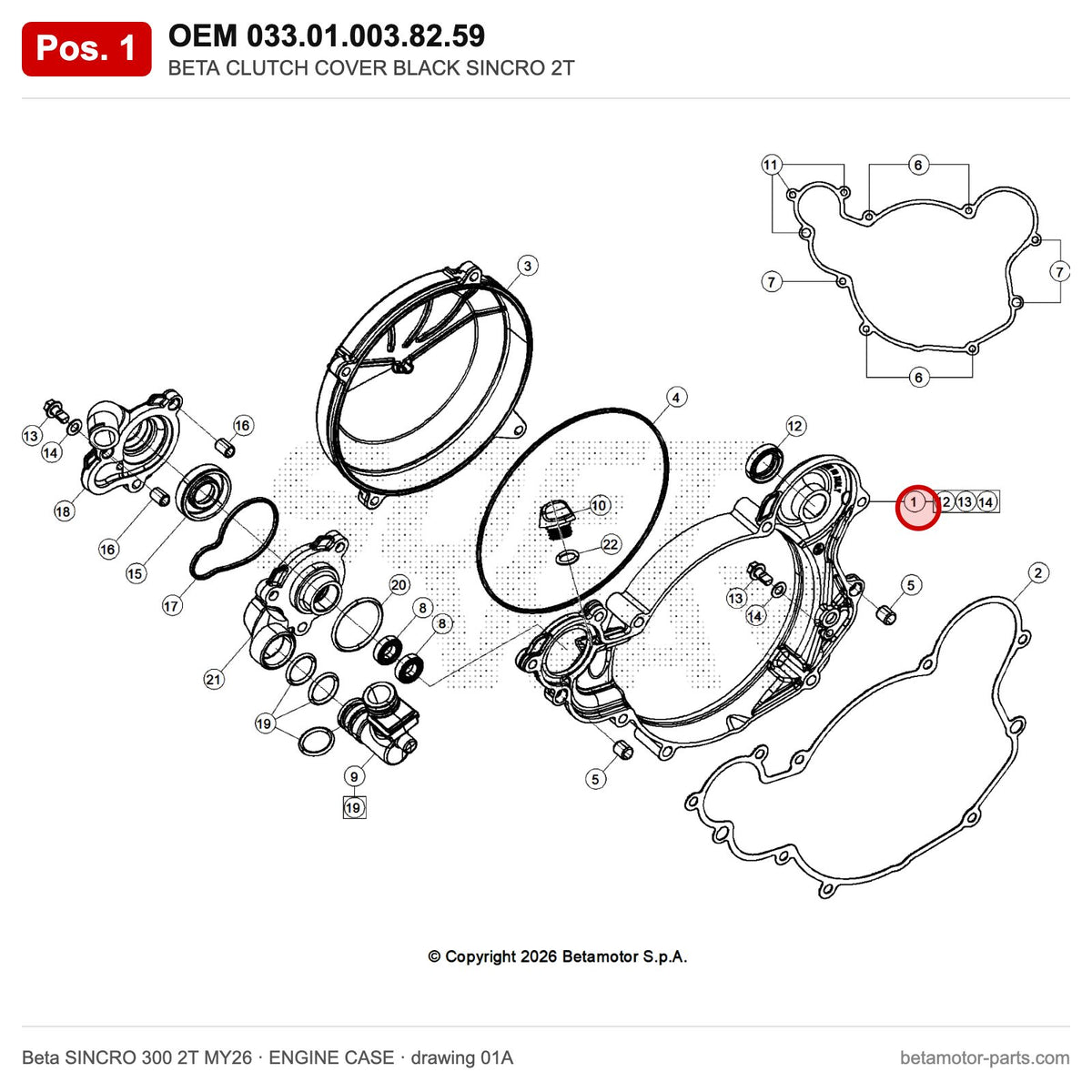 BETA CLUTCH COVER BLACK SINCRO 2T – OEM 033.01.003.82.59, position 1 on the Beta SINCRO 300 2T MY26 engine case drawing