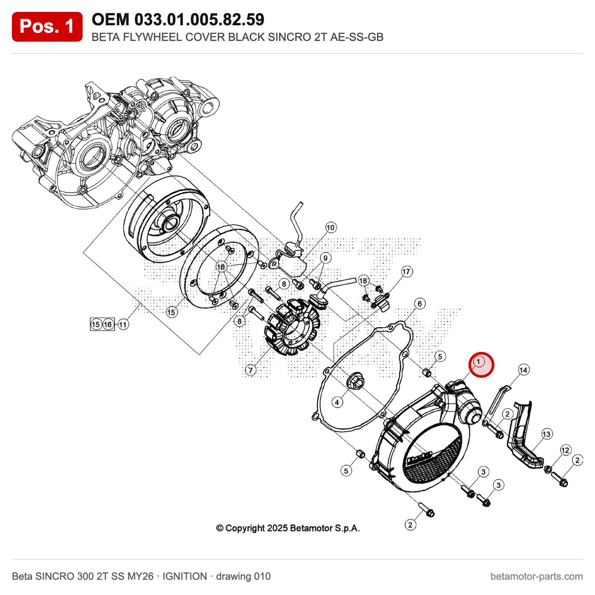 BETA FLYWHEEL COVER BLACK SINCRO 2T AE-SS-GB – OEM 033.01.005.82.59, position 1 on the Beta SINCRO 300 2T SS MY26 ignition drawing