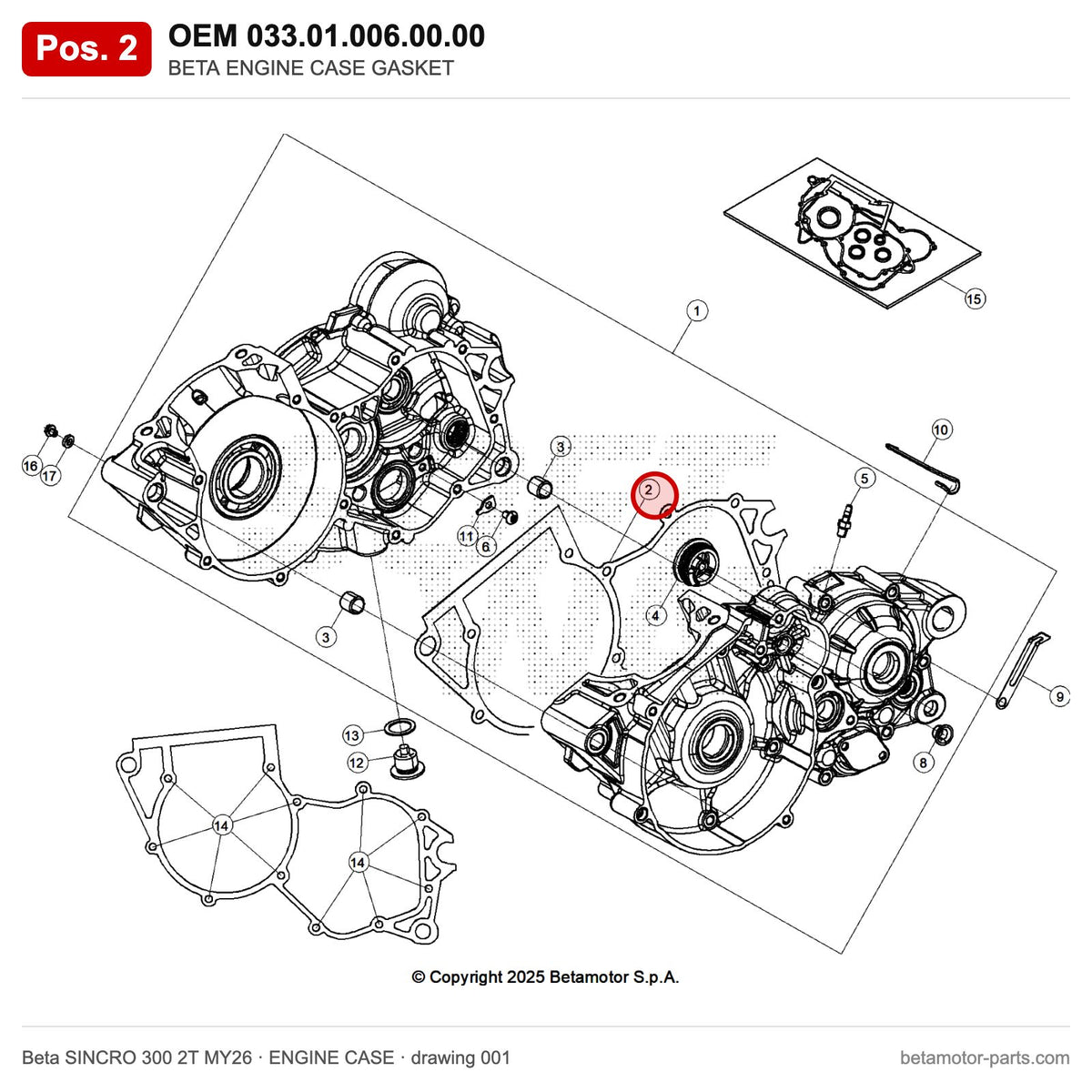 BETA ENGINE CASE GASKET – OEM 033.01.006.00.00, position 2 on the Beta SINCRO 300 2T MY26 engine case drawing