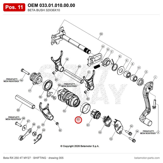 BETA BUSH 32X36X10 – OEM 033.01.010.00.00, position 11 on the Beta RX 250 4T MY27 shifting drawing
