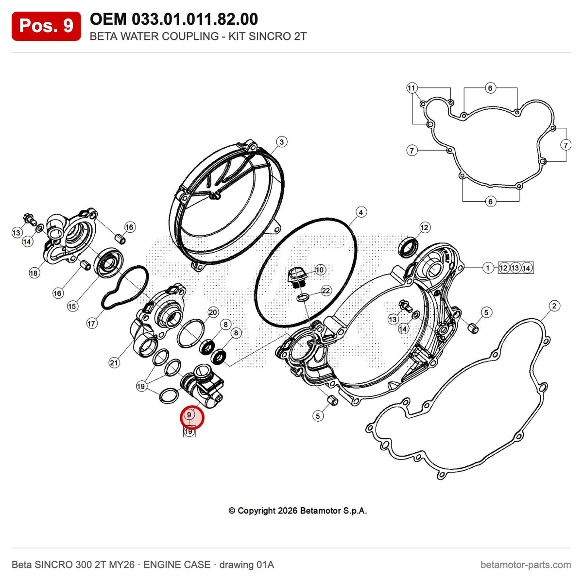 BETA WATER COUPLING - KIT SINCRO 2T – OEM 033.01.011.82.00, position 9 on the Beta SINCRO 300 2T MY26 engine case drawing