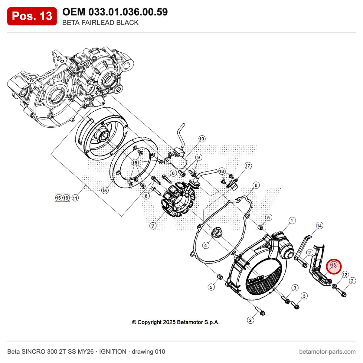 BETA FAIRLEAD BLACK – OEM 033.01.036.00.59, position 13 on the Beta SINCRO 300 2T SS MY26 ignition drawing