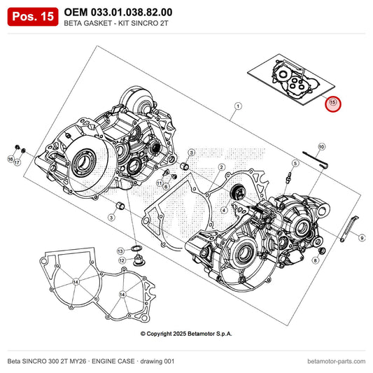 BETA GASKET - KIT SINCRO 2T – OEM 033.01.038.82.00, position 15 on the Beta SINCRO 300 2T MY26 engine case drawing