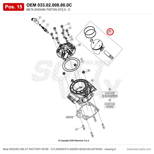 BETA ENGINE PISTON D72,5 - C – OEM 033.02.008.80.0C, position 15 on the Beta SINCRO 250 2T FACTORY MY26 cylinder/cylinder head/valvetrain drawing