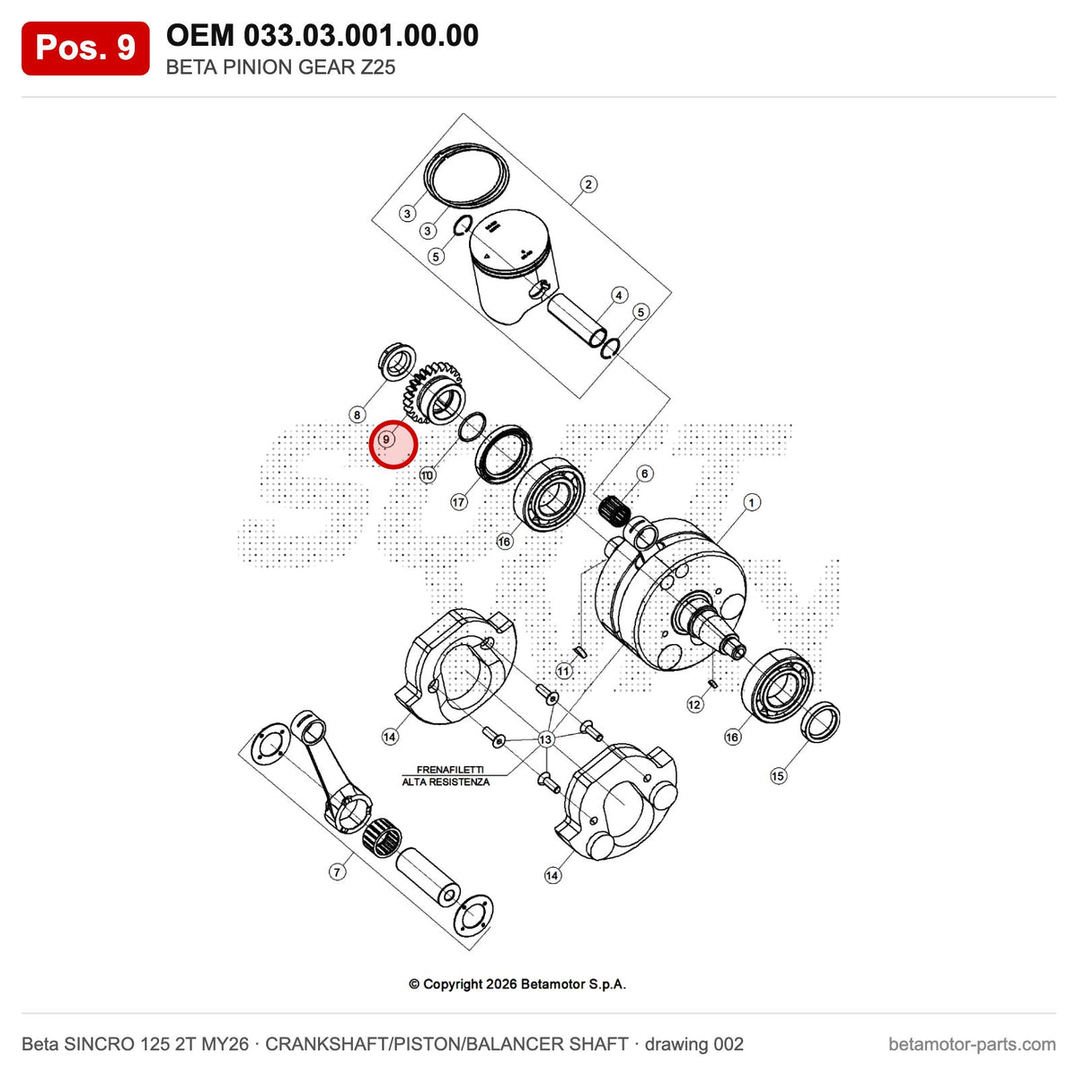 BETA PINION GEAR Z25 – OEM 033.03.001.00.00, position 9 on the Beta SINCRO 125 2T MY26 crankshaft/piston/balancer shaft drawing
