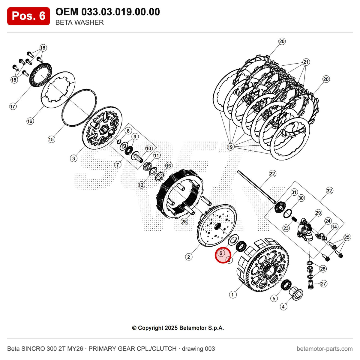 BETA WASHER – OEM 033.03.019.00.00, position 6 on the Beta SINCRO 300 2T MY26 primary gear cpl./clutch drawing