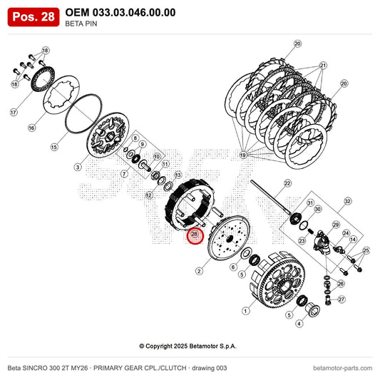 BETA PIN – OEM 033.03.046.00.00, position 28 on the Beta SINCRO 300 2T MY26 primary gear cpl./clutch drawing