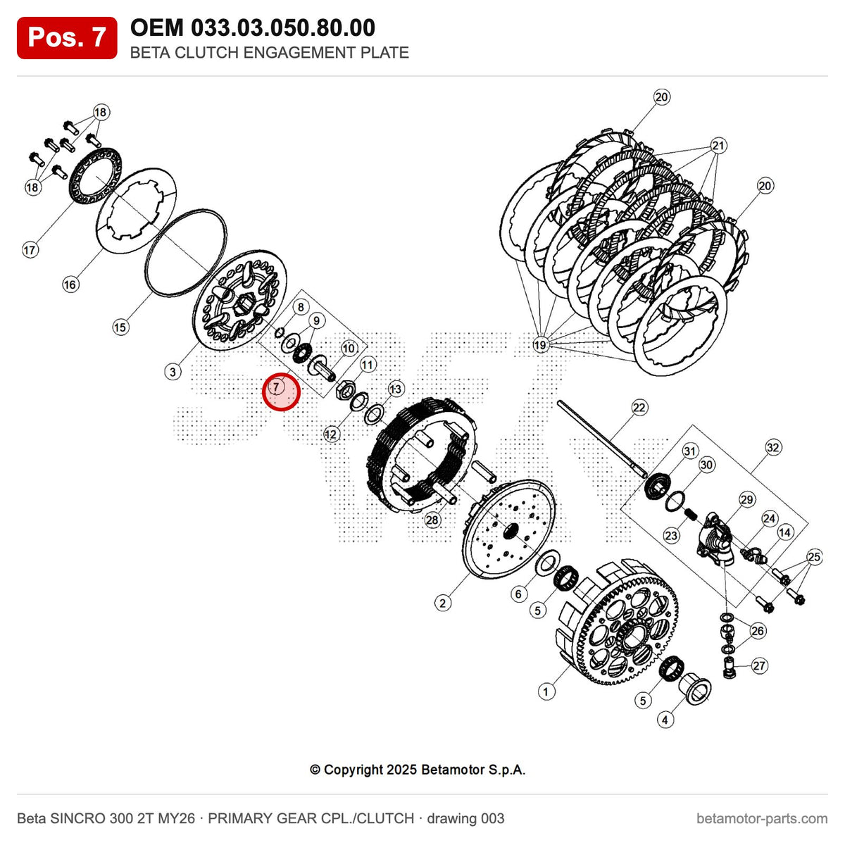 BETA CLUTCH ENGAGEMENT PLATE – OEM 033.03.050.80.00, position 7 on the Beta SINCRO 300 2T MY26 primary gear cpl./clutch drawing